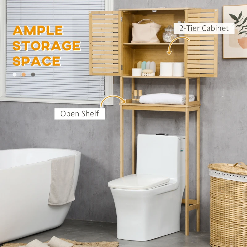 kleankin Toilet Shelf Bathroom Cabinet Over-Toilet Unit with 2-Door Cupboard and Open Shelf 60 x 23 x 173 cm Bamboo
