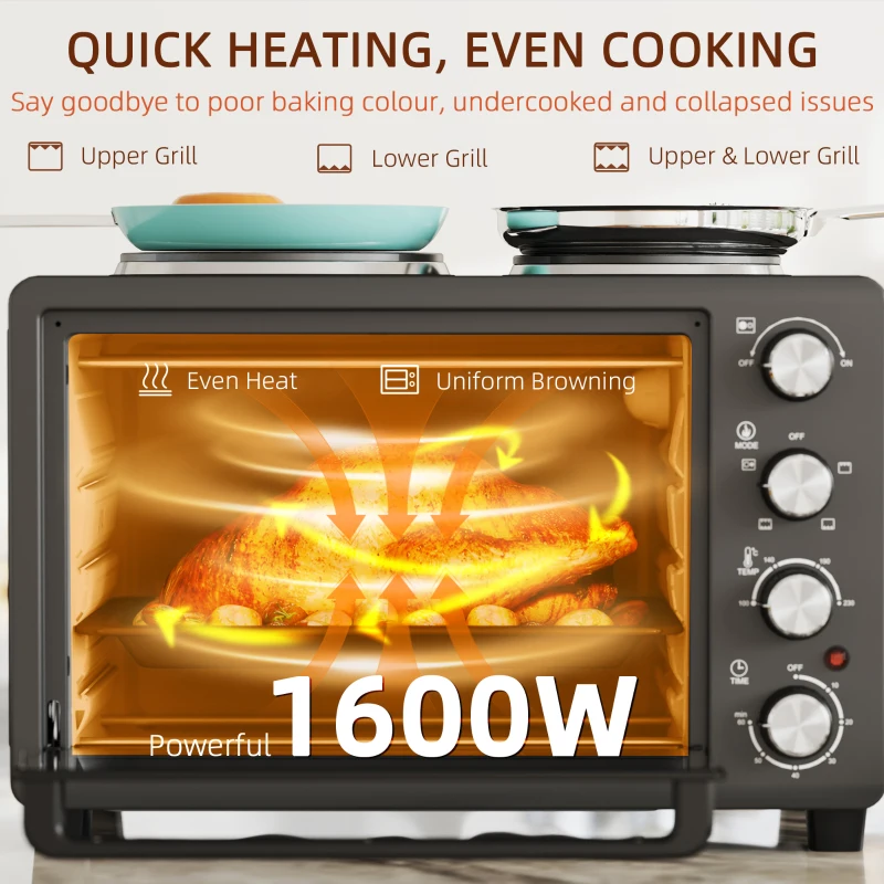 HOMCOM Mini piekarnik 28L, 2600W, 100-230℃, timer 60 min, czarny