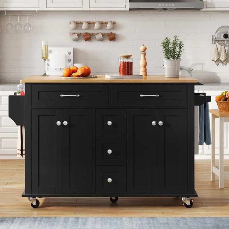Multifunktionaler Küchenwagen mit ausklappbarer Arbeitsplatte, 140x40/65x89 cm, Schwarz+Naturfarbe