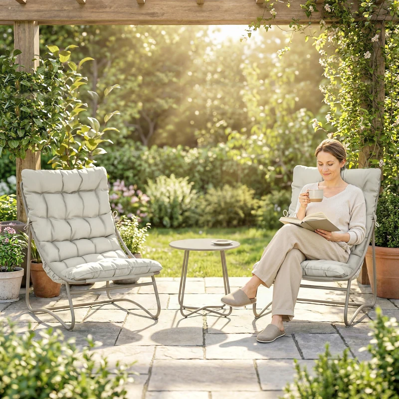 Outsunny Salon bistro 3 pièces pour 2 personnes, table ronde et chaises d'extérieur avec assise en textilène et coussins, gris clair