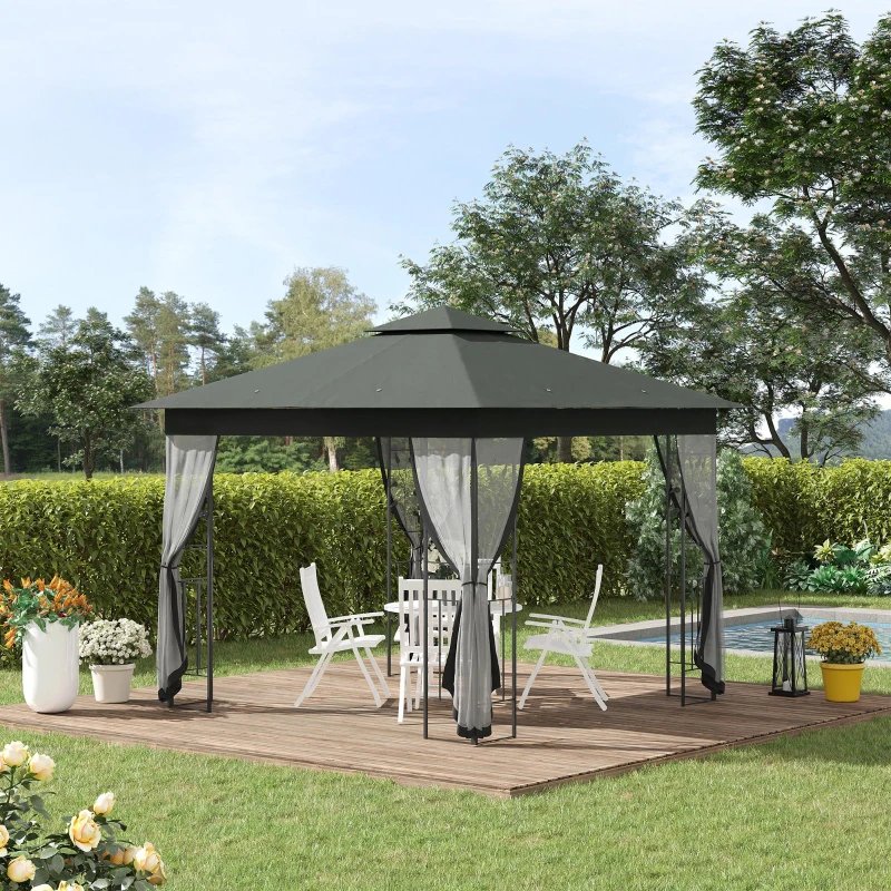Outsunny 3 x 3(m) Steel Frame Double Roof Garden Gazebo - Grey