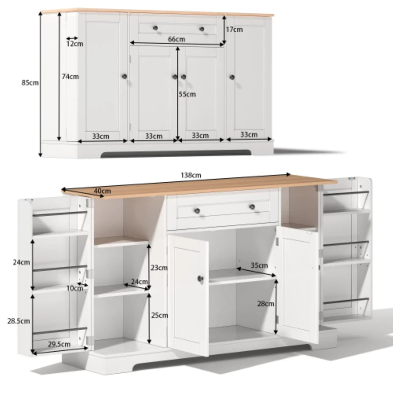 Multifunktionales Küchenbuffet, mit Schublade und Regaltüren, Modernes Design, 138 x 40 x 85 cm, Weiß+Naturfarbe
