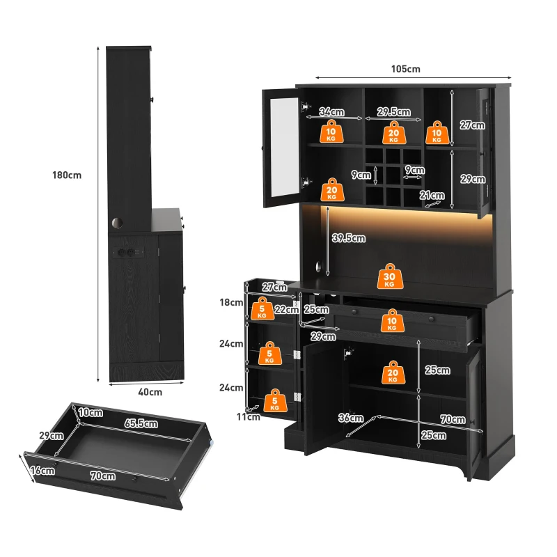 Küchen-Hochschrank mit Vitrine, fünf Türen, eine Schublade, verstellbaren Einlegeböden, 105x40x180 cm, Schwarz