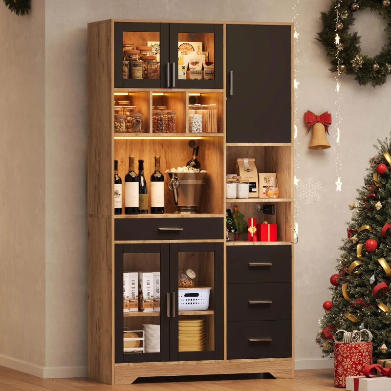 Vintage-Hochschrank im Bauernhausstil, LED-Lichtleiste mit Farbwechsel, 100 x 40 x 185 cm, Schwarz+Naturfarbe