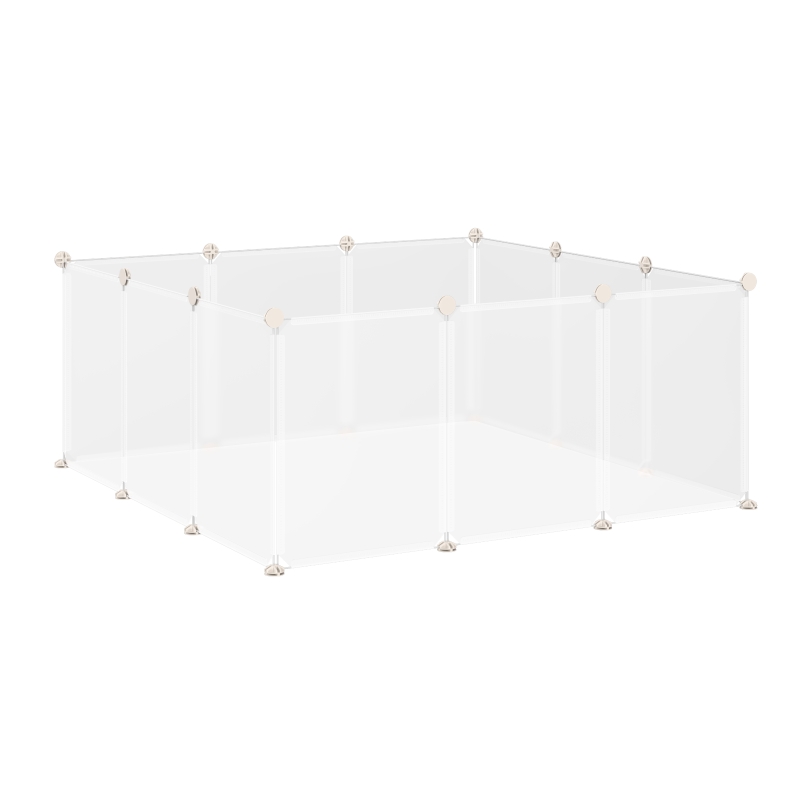 PawHut Valla para Mascotas, Jaula Modular, Recinto Interior de Plástico Transparente con 12 Paneles, 24 Conectores, para Cobayas, 105x105x45 cm, Blanco