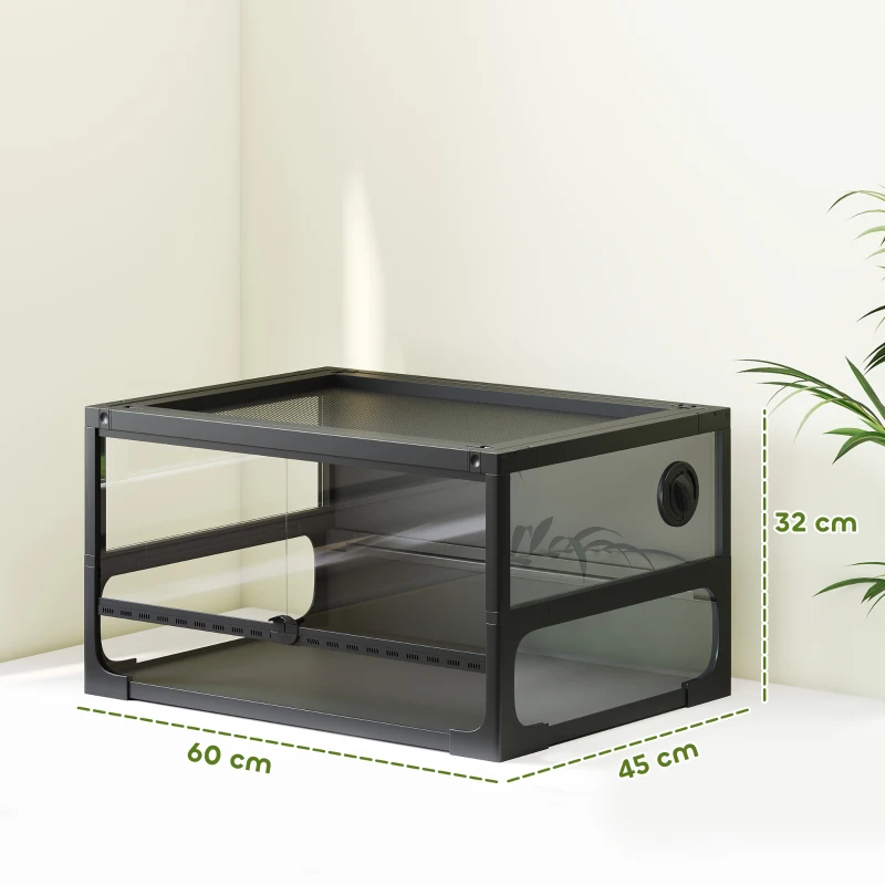 PawHut Rettilario Rialzato e Pieghevole con Coperchio e Pareti in Vetro Temperato e Plastica, 60x45x32 cm, Nero