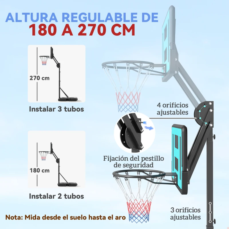 SPORTNOW Canasta de Baloncesto Ajustable de 146-236 cm con Ruedas y Base Rellenable con Agua o Arena Tablero Irrompible Negro
