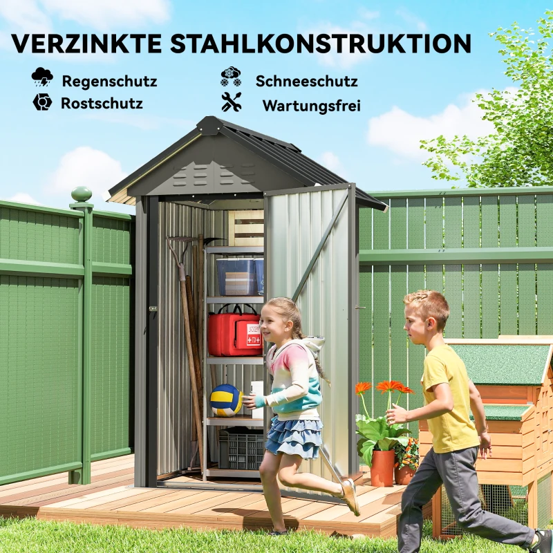 Outsunny Metall Gerätehaus 1,17 m², Geräteschuppen mit Satteldach Lüftung Schloss Handschuhen, 122 x 121 x 192 cm