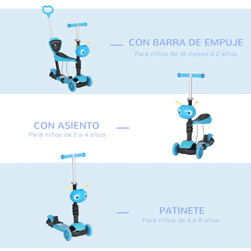 HOMCOM 3 en 1 Patinete para Niños de +18 Meses Scooter de 3 Ruedas con Asiento Extraíble Manillar Mango de Empuje Altura Ajustable 62x25x72,5 cm Azul