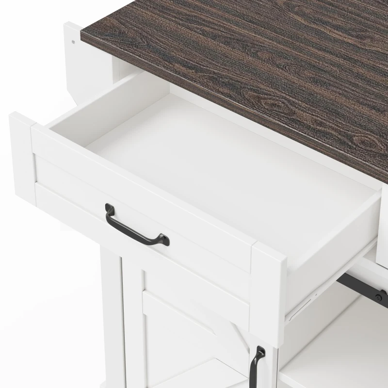 Kücheninsel mit klappbarer Arbeitsplatte, Küchenschrank mit 2 Schiebetüren und 2 Schubladen, 120 x 45/70 x 91 cm, Braun+Weiß