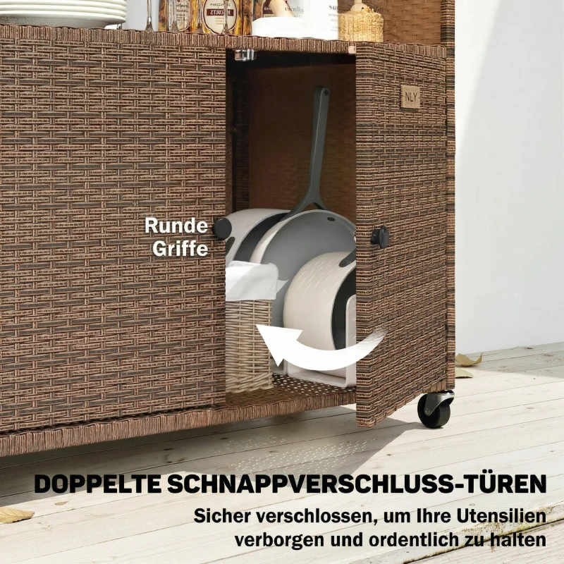 Outsunny Servierwagen Rattan Küchenwagen mit FSC Eukalyptusholz-Arbeitsplatte Ablagefach Rollen Seitengriff 95 x 54 x 84 cm