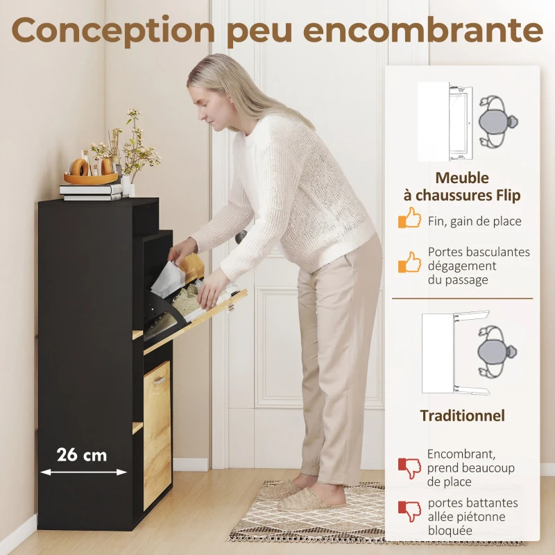 HOMCOM Meuble à chaussures 8 paires, armoire à chaussures étroite avec 2 tiroirs rabattables, 3 compartiments ouverts, noir