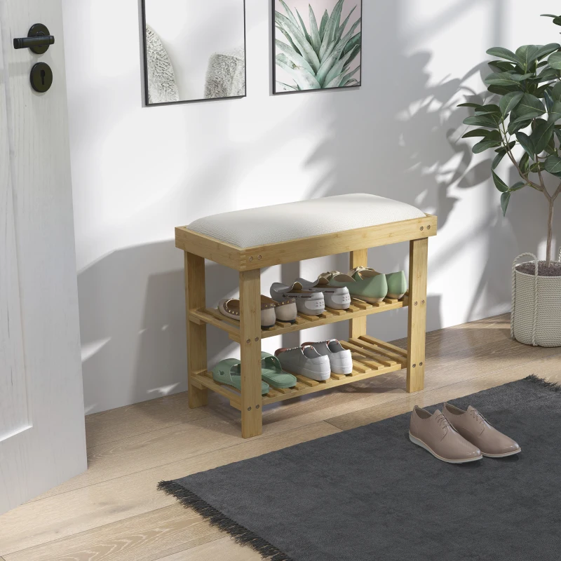 HOMCOM Banc à chaussures en bambou, étagère à chaussures à 3 niveaux, style scandinave, 60 x 29 x 49 cm, crème et bois naturel