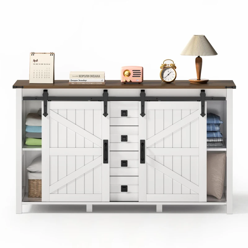 Sideboard mit Stauraum, mit Schiebetüren und 4 Schubladen, geeignet für Küche, Esszimmer und Wohnzimmer, 137 x 40 x 81,5 cm, Weiß