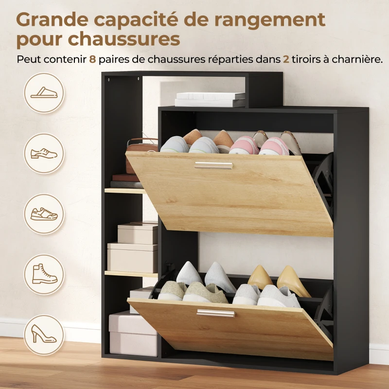 HOMCOM Meuble à chaussures 8 paires, armoire à chaussures étroite avec 2 tiroirs rabattables, 3 compartiments ouverts, noir