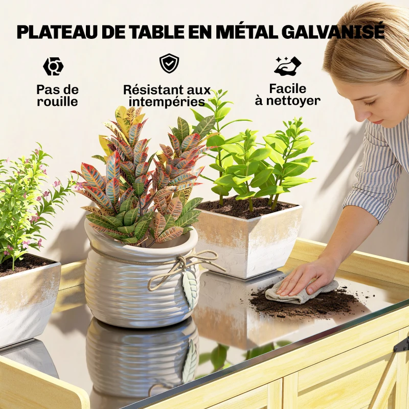 Outsunny Armoire de jardin, armoire extérieure de rangement en bois, plan de travail en métal galvanisé, 71,5x39x95cm, naturel