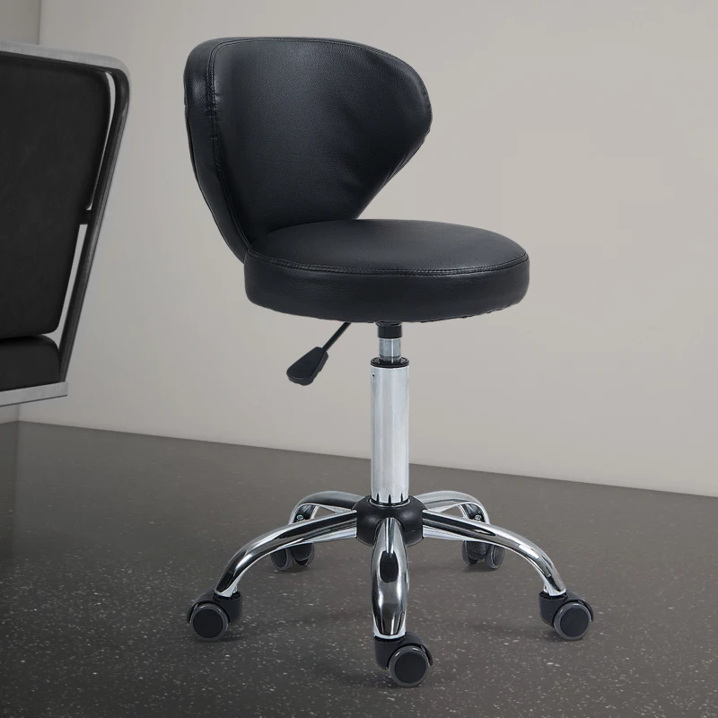HOMCOM Rolling stool massage stool - 360° swivel work stool - seat adjustable 49-64H cm, ergonomic backrest - chrome metal black synthetic upholstery