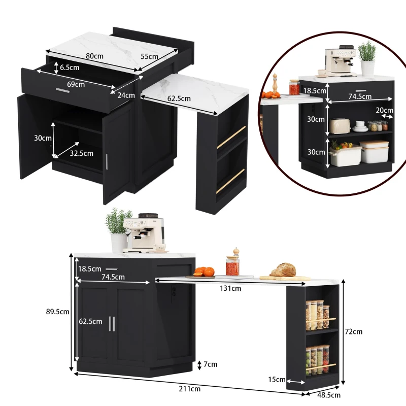 Kücheninsel mit ausziehbarem Esstisch, Aufbewahrungsschrank, 2 Schubladen, 2 seitlich offene Regale, 211x55x89,5 cm, Schwarz