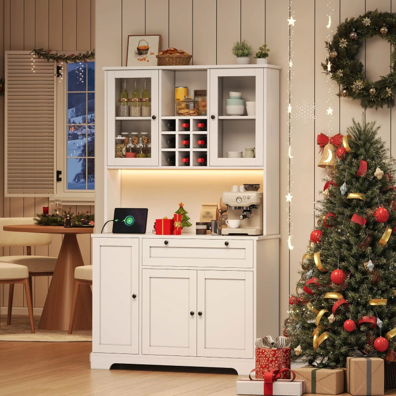 Küchen-Hochschrank mit Vitrine, fünf Türen, eine Schublade, verstellbaren Einlegeböden, 105x40x180 cm, Weiß