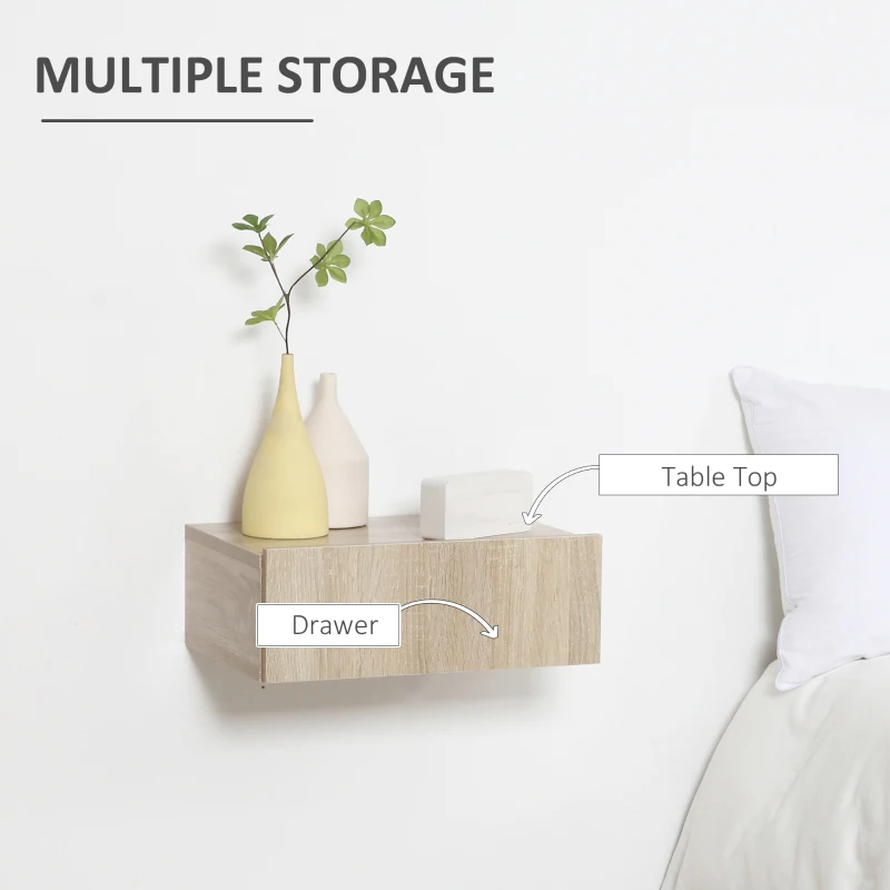 HOMCOM Set of 2 Wall-Mounted Nightstands - Set of 2 Nightstands - Sliding Drawer, Top Surface - Particleboard Light Oak Finish