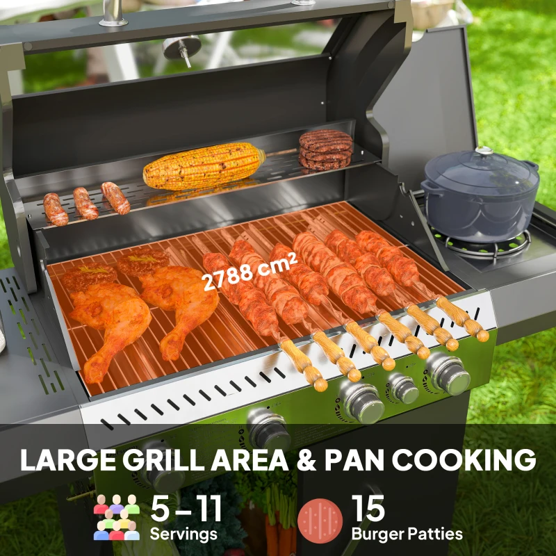 Grill gazowy 12 kW, 5 palników, boczny palnik, kółka