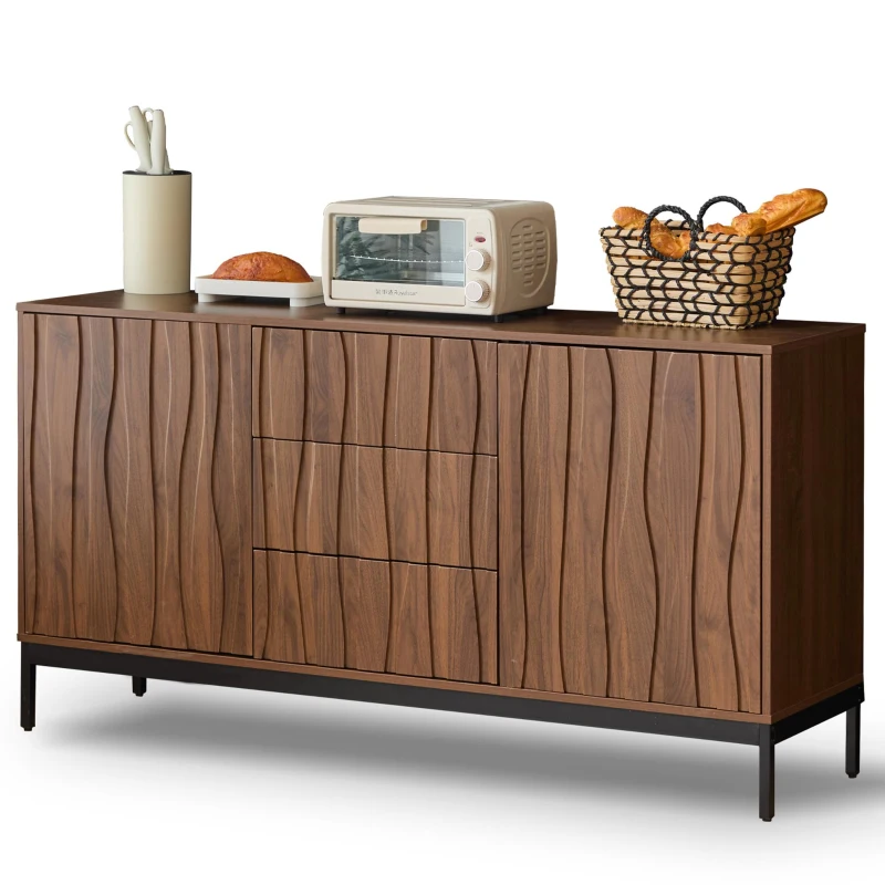 Sideboard mit 3 Schubladen, Mid Century Modern Dekorativer Schrank für Küche, Wohnzimmer, 150 x 40 x 80 cm, Braun