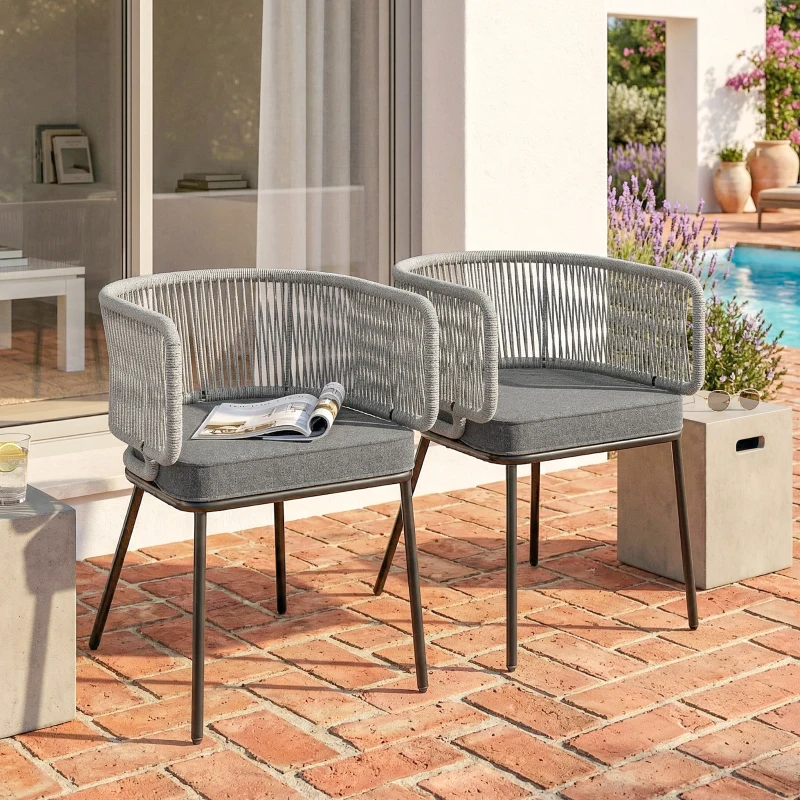 Outsunny Lot de 2 Fauteuils de Jardin, Dossier et Accoudoirs en Corde Résine Tressée, Coussins Amovibles, 55x57x75cm, Gris Clair