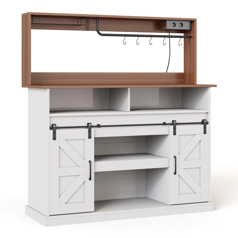 Kaffeebar-Sideboard, im Landhausstil mit Schiebetüren, Sideboard mit Stauraum, 120 x 40 x 130 cm, Weiß+Naturfarbe