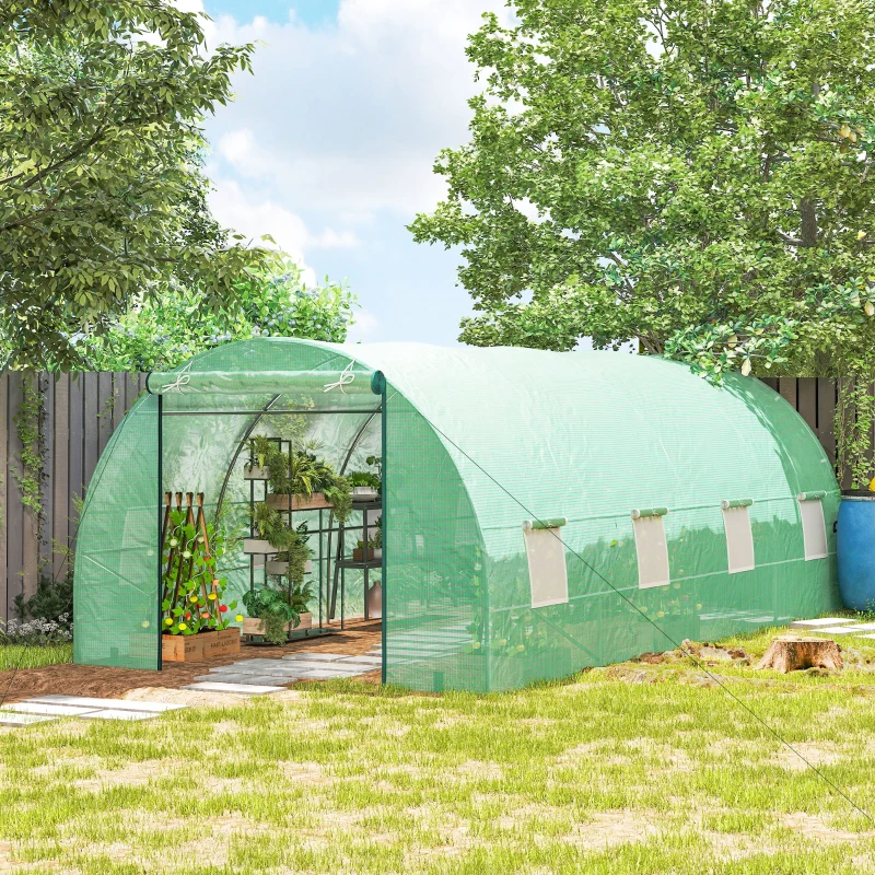 Outsunny Invernadero de Túnel 600x300x200 cm Invernadero de Jardín con Puerta Enrollable 8 Ventanas Cubierta PE 140g/m² y Tubo de Acero para Cultivos Plantas Verduras Verde