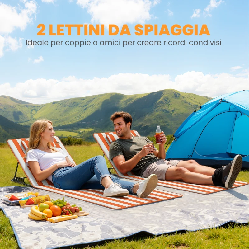 Outsunny Set 2 Lettini Pieghevoli Portatili, Spiaggia, Schienale Regolabile, Arancione.