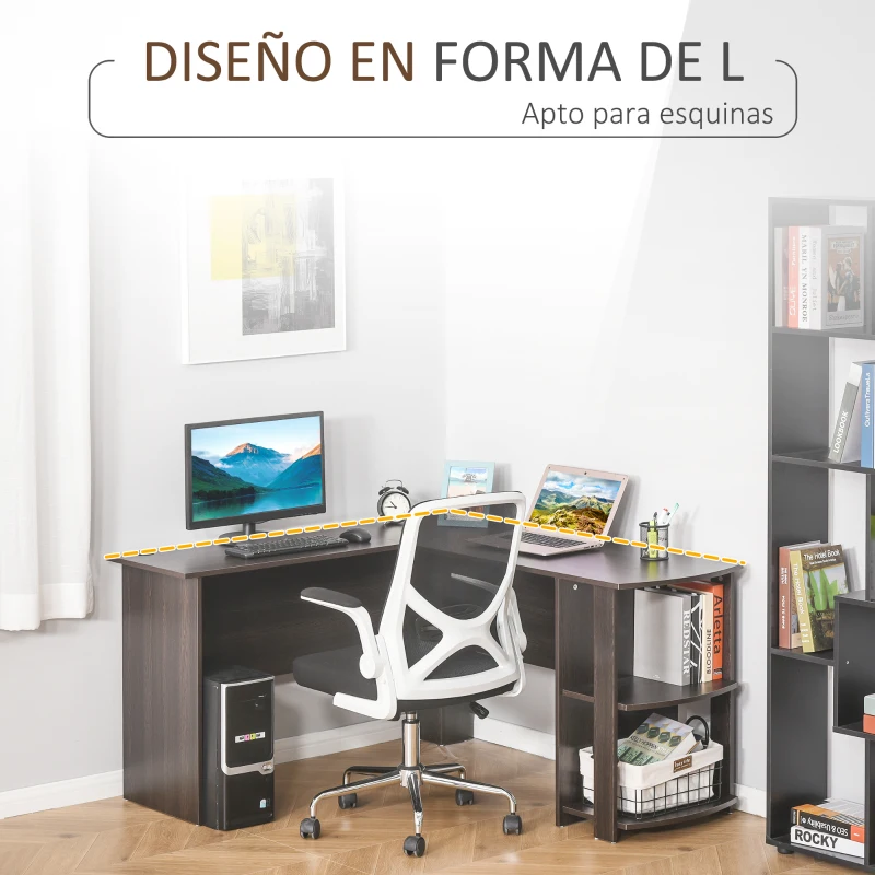 HOMCOM Mesa de Ordenador PC Escritorio para Oficina Hogar Tipo Esquinera Forma L con Estantes 136x130x72cm Madera
