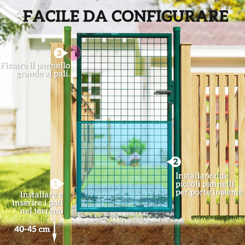 Outsunny Cancello da Giardino in Acciaio 97x200 cm, Cancelletto da Giardino con Serratura, 3 Chiavi, Maniglia e 2 Pali