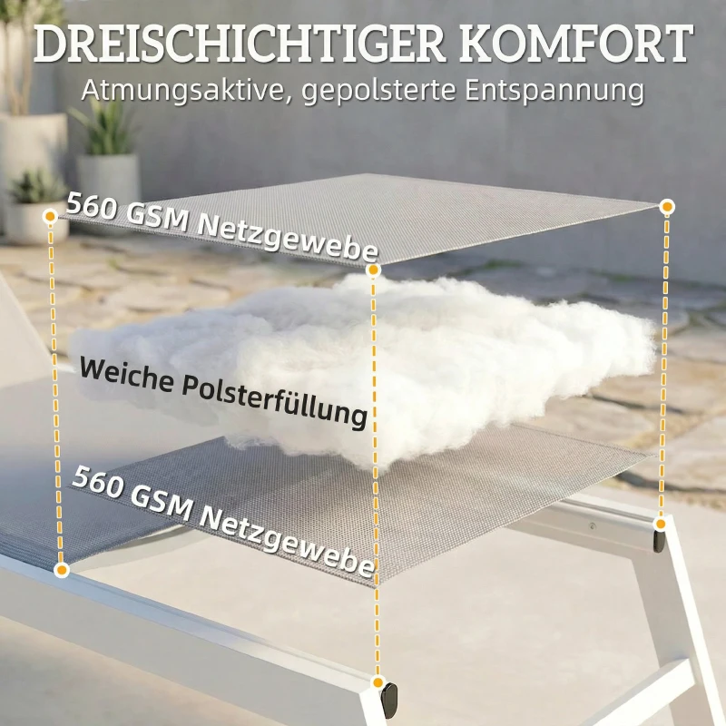 Outsunny Sonnenliege Atmungsaktive Gartenliege mit 6-fach Verstellbar Rückenlehne Aluminiumrahmen Hellgrau