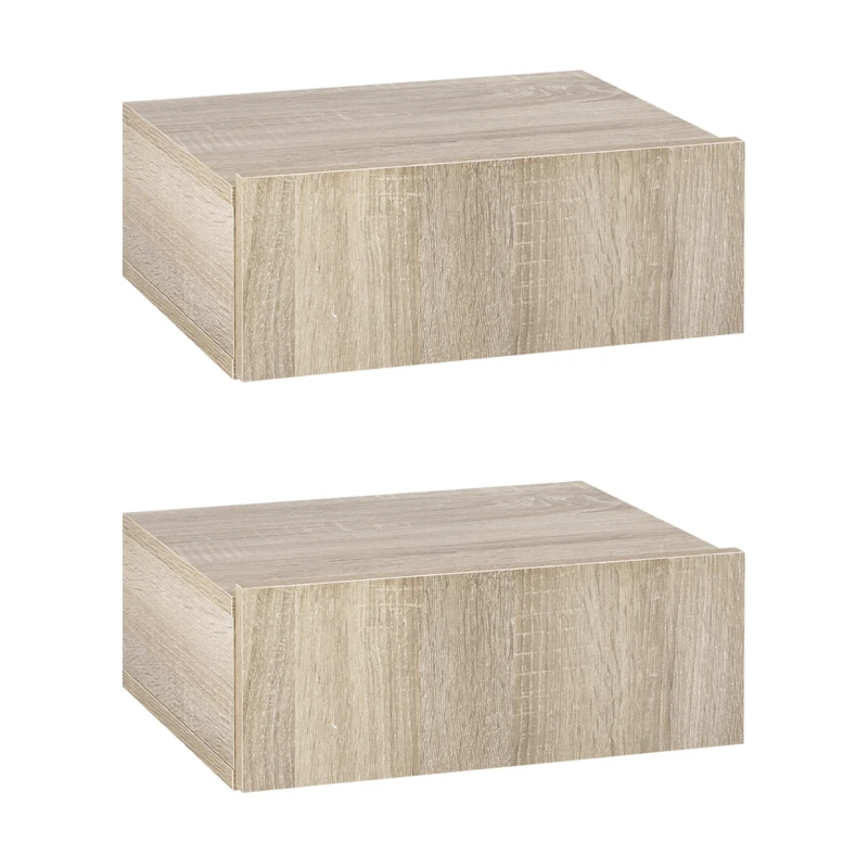HOMCOM Set of 2 Wall-Mounted Nightstands - Set of 2 Nightstands - Sliding Drawer, Top Surface - Particleboard Light Oak Finish