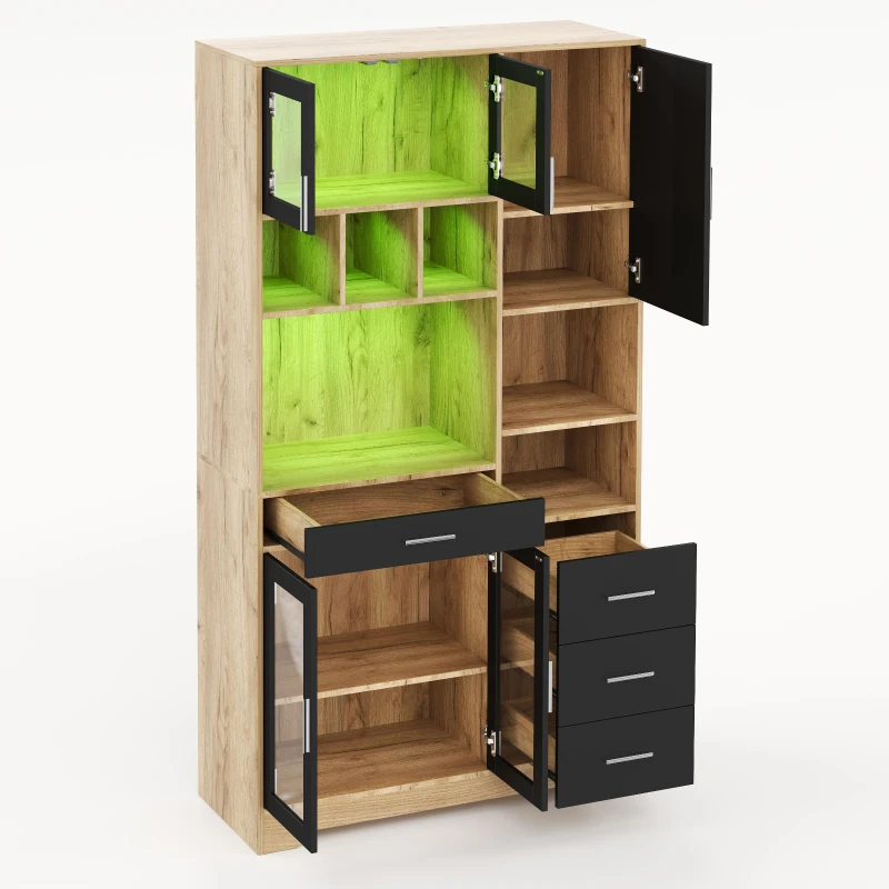 Vintage-Hochschrank im Bauernhausstil, LED-Lichtleiste mit Farbwechsel, 100 x 40 x 185 cm, Schwarz+Naturfarbe