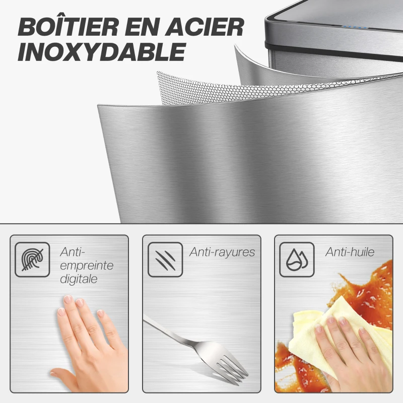 HOMCOM Poubelle à capteur 50 L avec couvercle à fermeture douce, poubelle de cuisine automatique en acier inoxydable, argenté