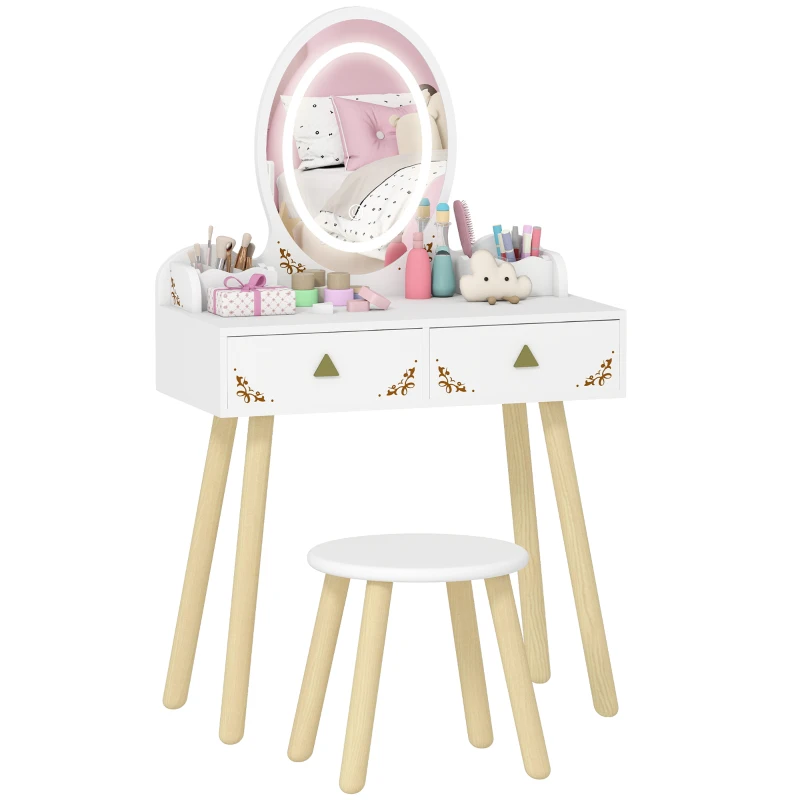 AIYAPLAY Tocador de Maquillaje Niña con Luces LED de 3 Colores Taburete Espejo 2 Cajones 2 Cajas de Almacenaje Blanco