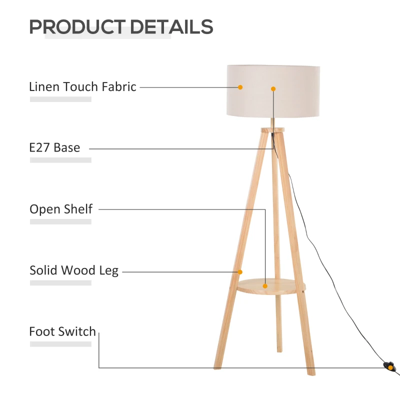 HOMCOM Tripod Floor Lamp with Shelf, Bedside Light with Storage, Linen Shade, for Living Room Bedroom, 154cm, Cream