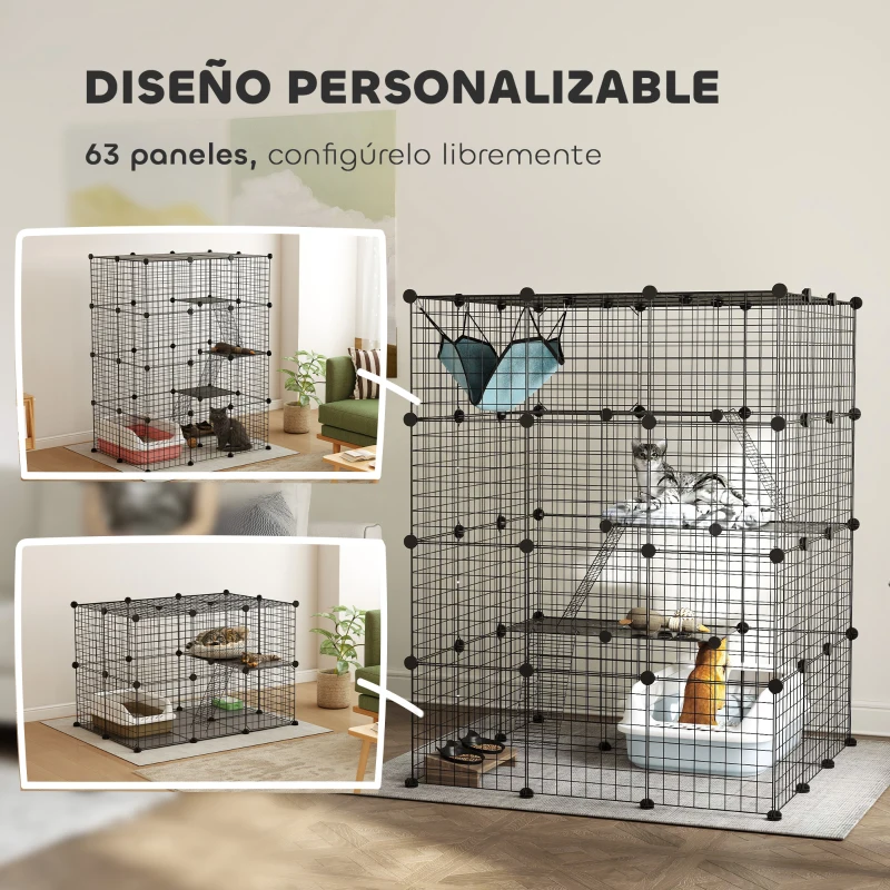 PawHut Jaula Grande para Gatos Interior de 4 Niveles con 5 Puertas 3 Plataformas de Salto 3 Rampas Hamaca 105x105x140 cm Negro