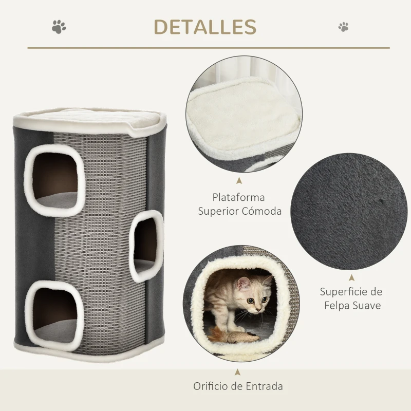 PawHut Barril Rascador para Gatos de 2 Niveles con Cuevas de Sisal Felpa Suave y Plataforma de Vellón 40x40x49 cm Gris