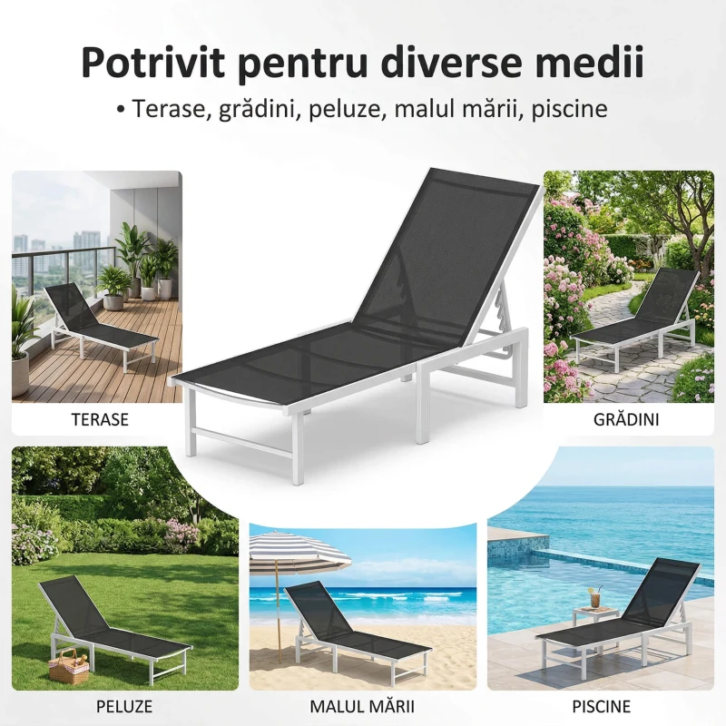 Outsunny Șezlong cu spătar reglabil pe 5 niveluri, din oțel și textilen, 60x166x84 cm, alb și gri
