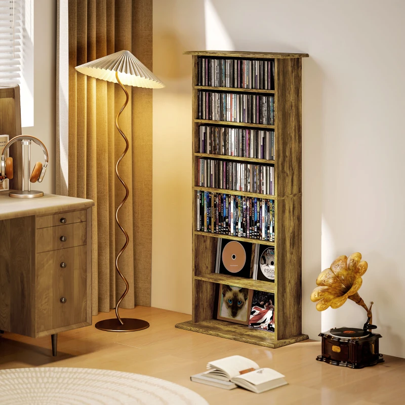 HOMCOM Depozitare pentru CD și DVD cu 8 compartimente și 6 rafturi reglabile, capacitate max. 360 CD/185 DVD și Blu-ray, maro