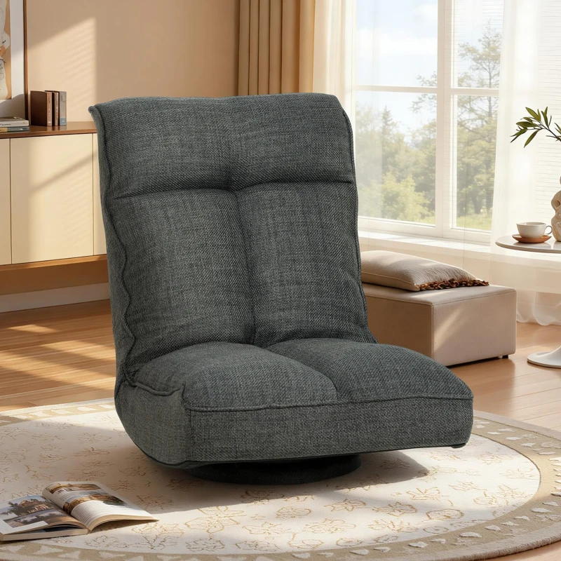 HOMCOM Fauteuil de sol pliable pivotant à 360°, chaise de sol rembourré avec dossier réglable en 5 positions, 58x107x79cm, gris