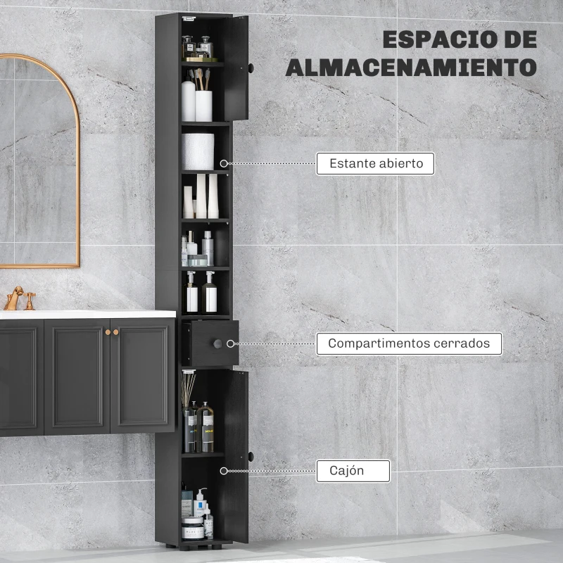 kleankin Armario de Baño Alto Columna de Baño Estrecha con 1 Cajón 4 Estantes Abiertos y Estantes Ajustables 20x20x180 cm Negro