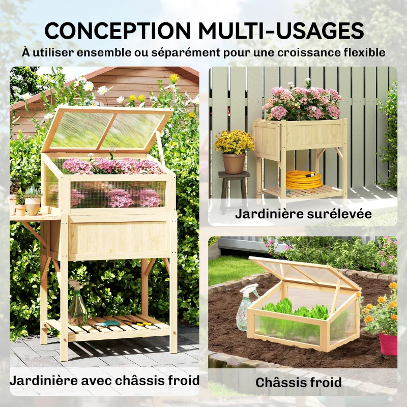 Outsunny Carré potager sur pieds avec serre, jardinière surélevée, table latérale pliante et étagère, 104x50x120cm, bois naturel