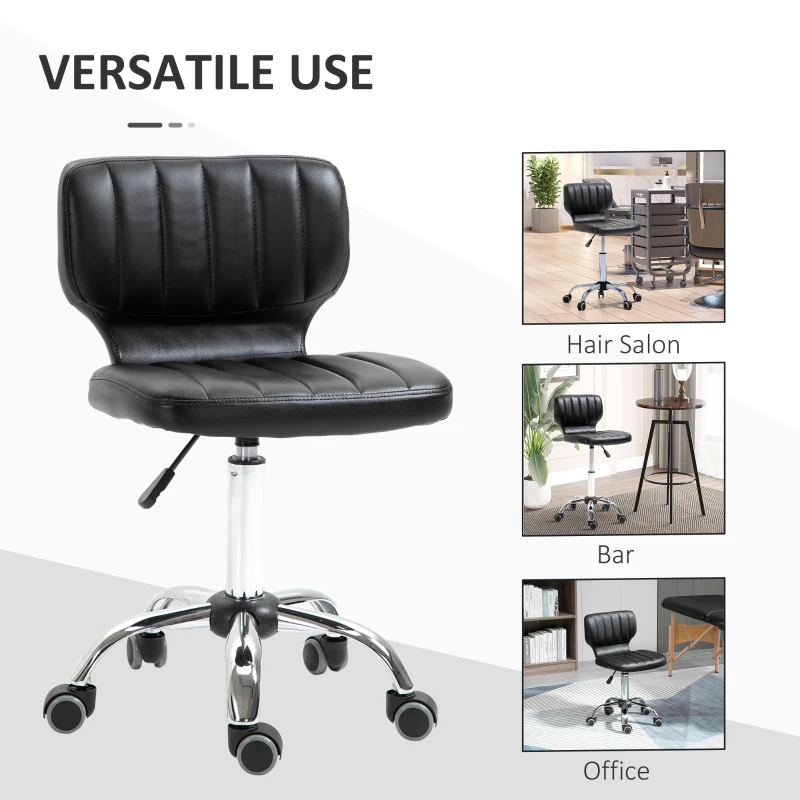 HOMCOM Rolling stool - 360° swivel work stool - ergonomic stool - adjustable seat height 47-62 cm - quilted PU upholstery black chrome metal