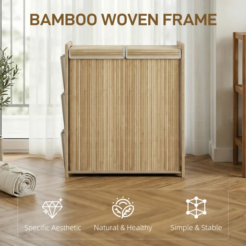 HOMCOM Bambusowy kosz na bieliznę z wyjmowanym workiem ze sznurkiem i bocznymi kieszeniami, 120L, naturalny