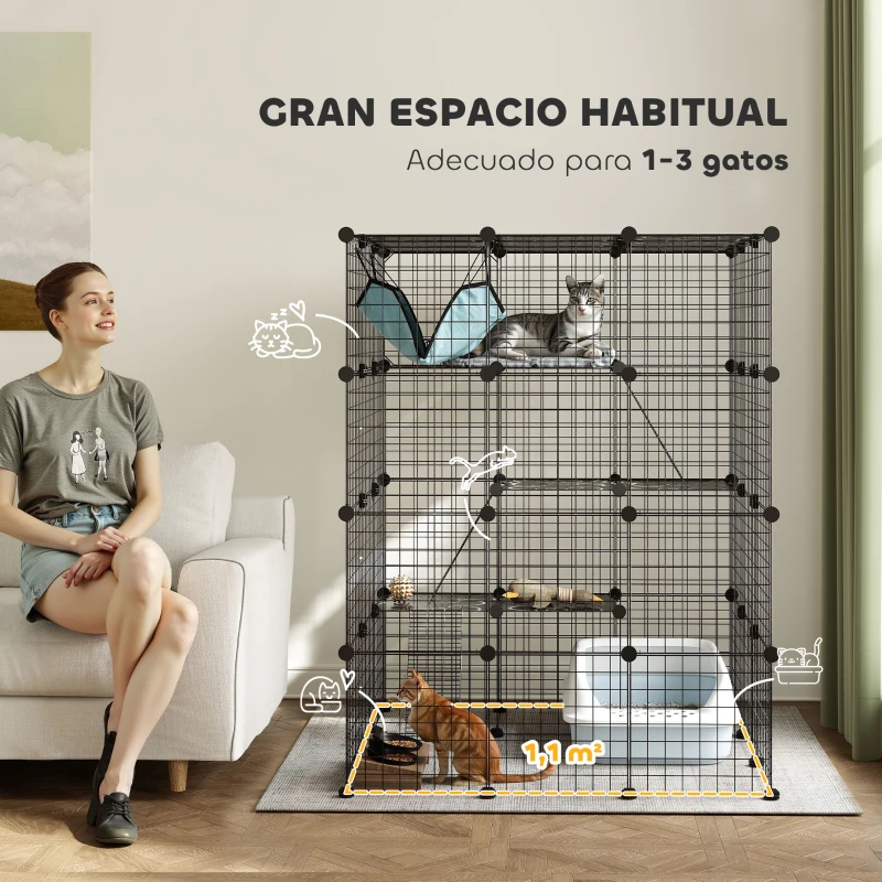 PawHut Jaula Grande para Gatos Interior de 4 Niveles con 5 Puertas 3 Plataformas de Salto 3 Rampas Hamaca 105x105x140 cm Negro