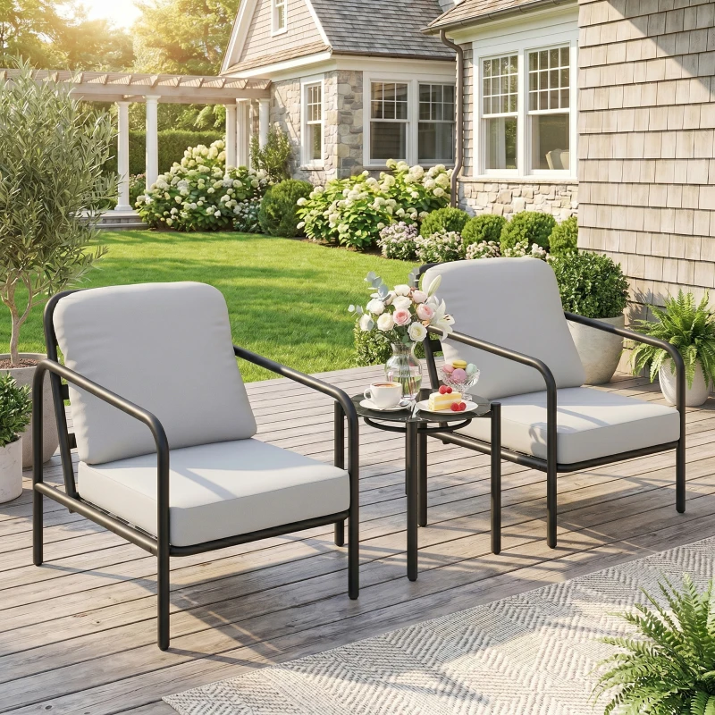 Outsunny Set bistro 3 pièces en acier avec 2 chaises à coussins épais, table basse avec plateau en verre trempé Noir