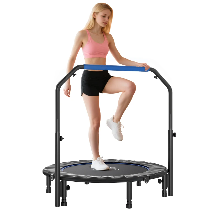 HOMCOM Cama Elástica Plegable Ø114 cm con Mango Ajustable Marco de Acero para Entrenamiento Piernas Cuerpo Azul y Negro